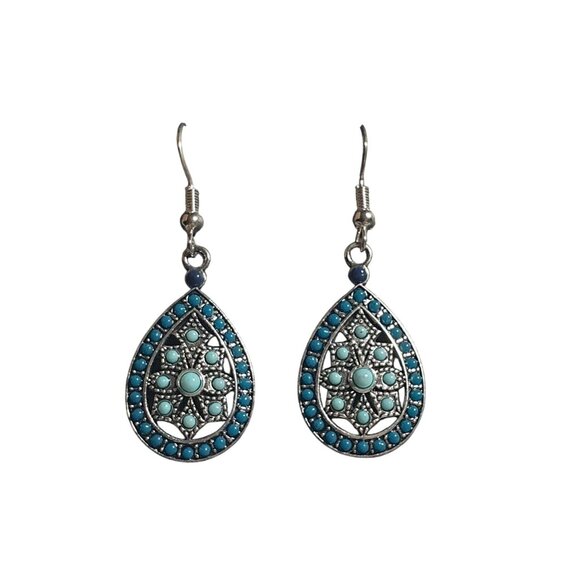 Boho Teardrop Dangle Earrings Blue Silver Tone Metal Hook Elegant Design Gift - Picture 2 of 4
